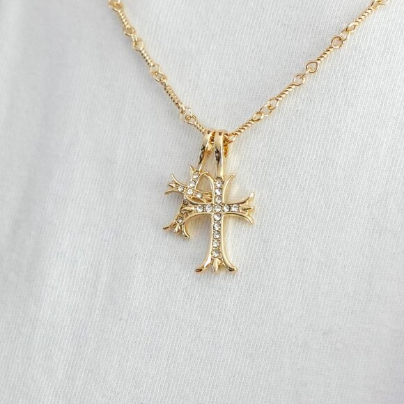 gold double cross dimond stone pendant necklace - Picture 1 of 11